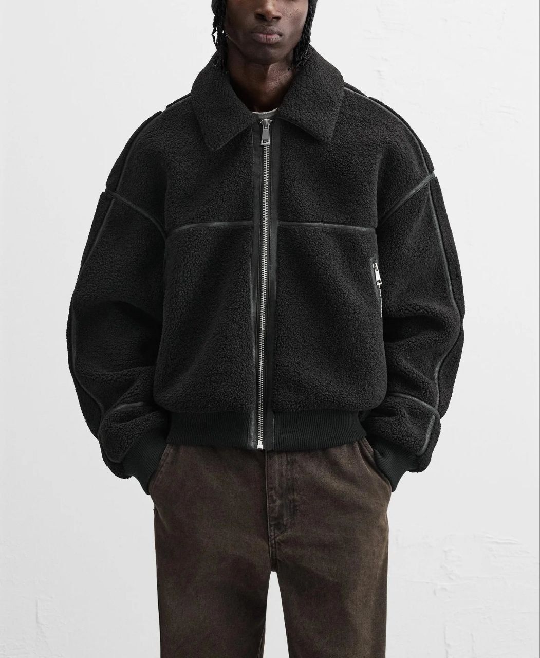 Zara Contrast Faux Shearling Jacket black