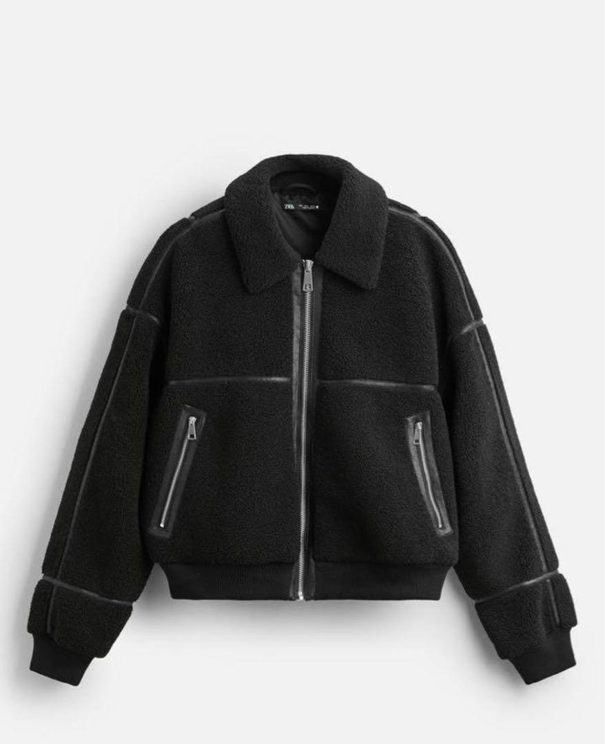 Zara Contrast Faux Shearling Jacket black