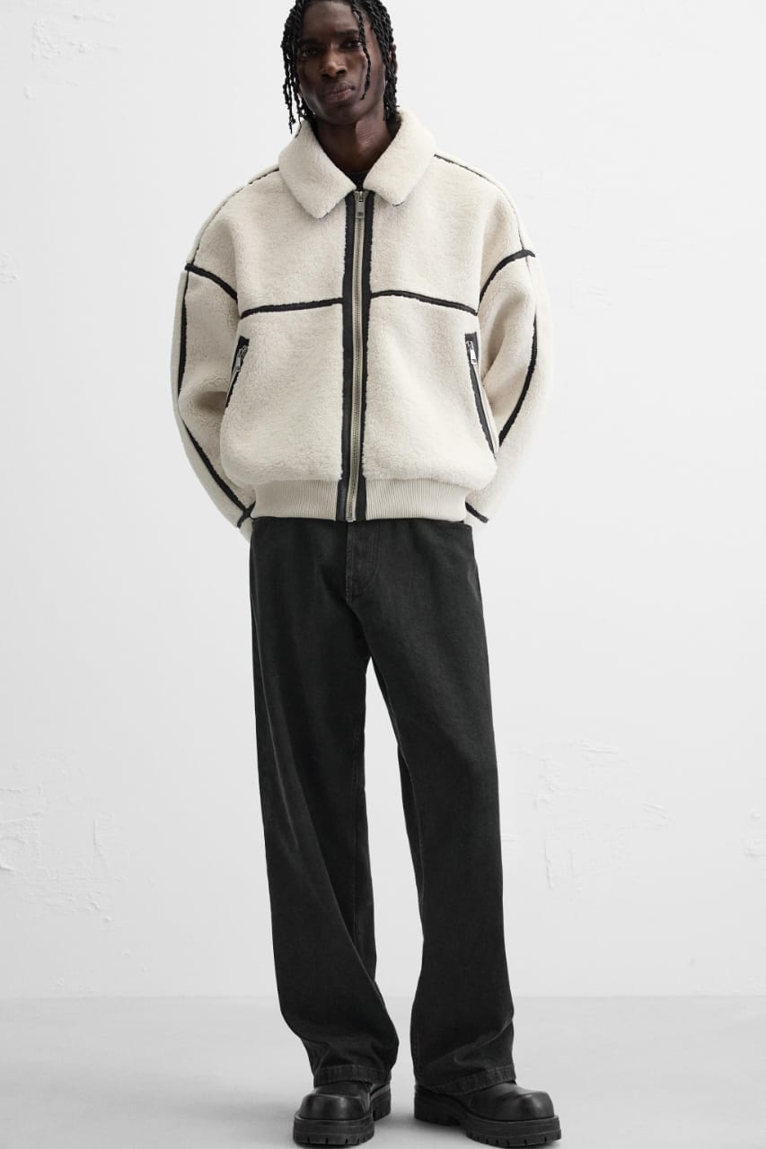 Zara Contrast Faux Shearling Jacket white