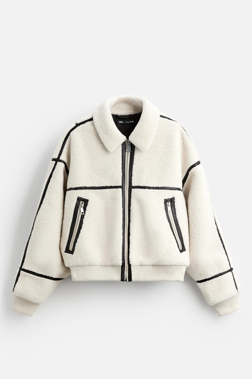 Zara Contrast Faux Shearling Jacket white