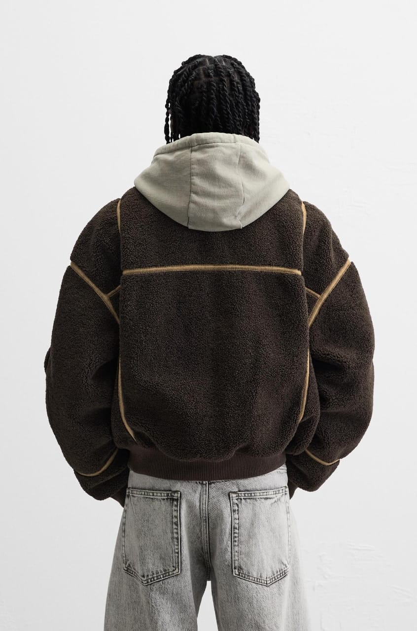 Zara Contrast Faux Shearling Jacket brown