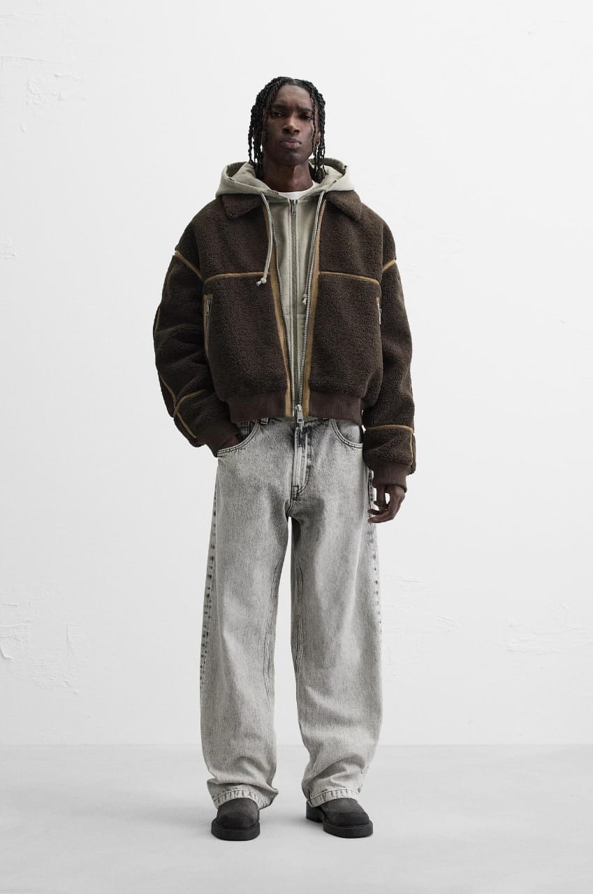 Zara Contrast Faux Shearling Jacket brown