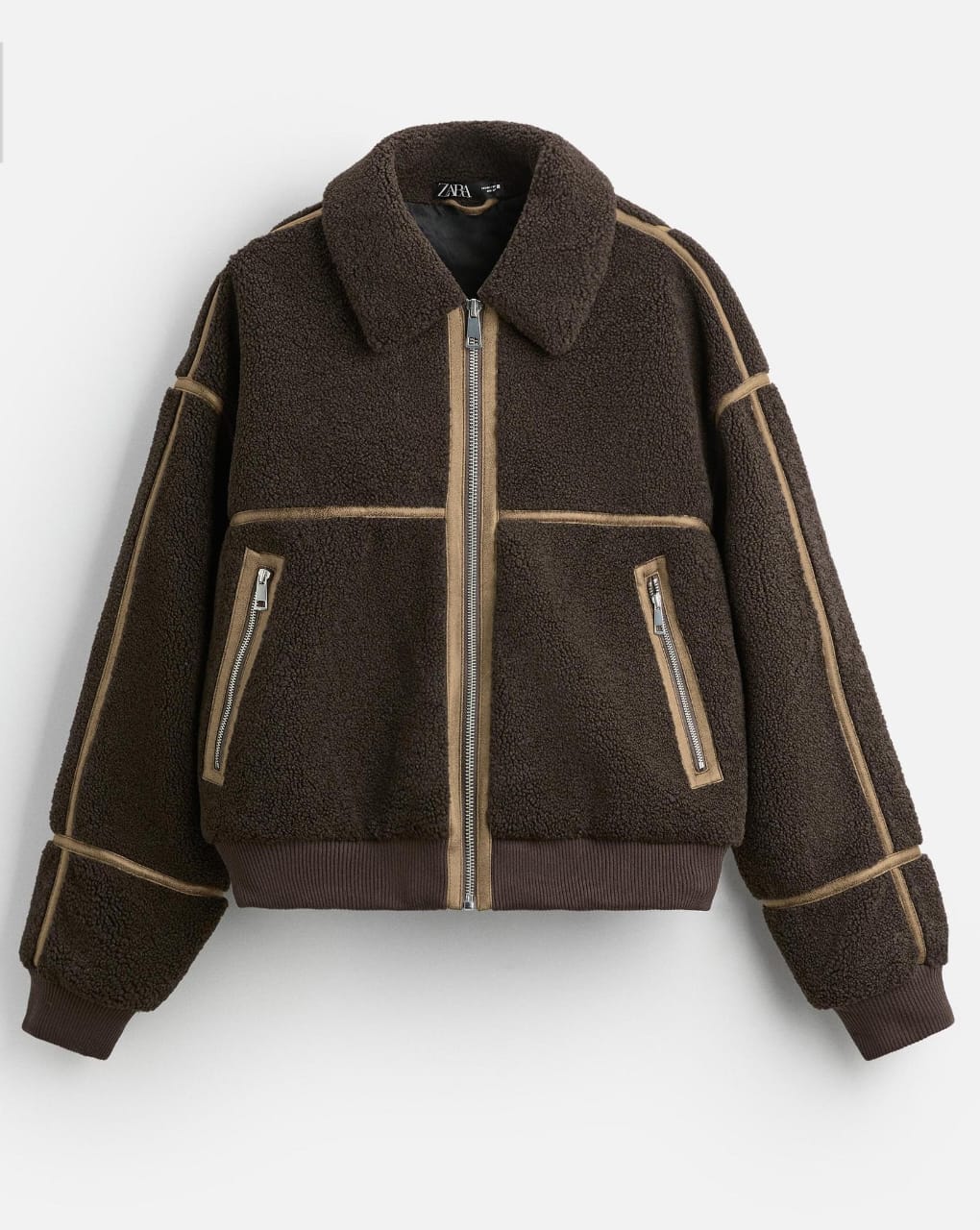 Zara Contrast Faux Shearling Jacket brown