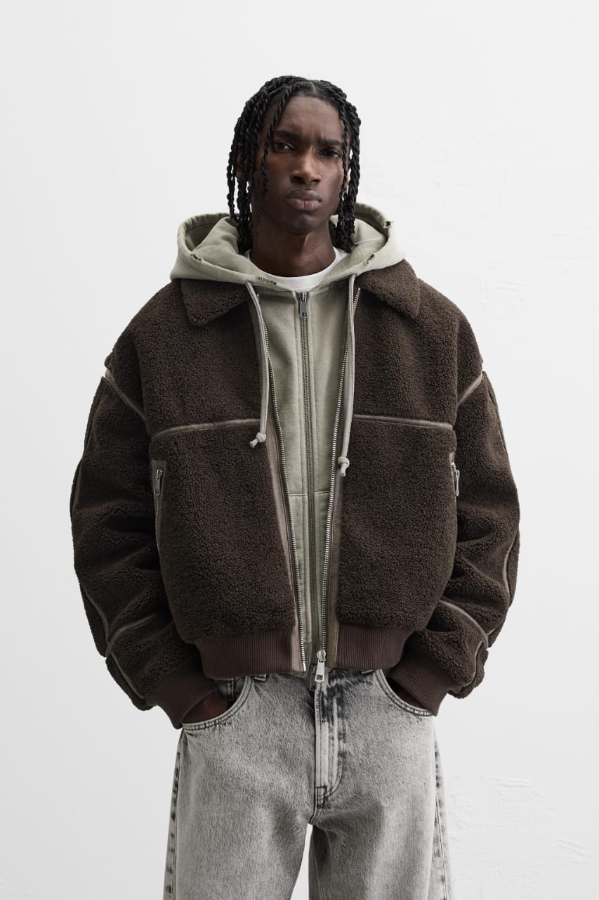 Zara Contrast Faux Shearling Jacket brown