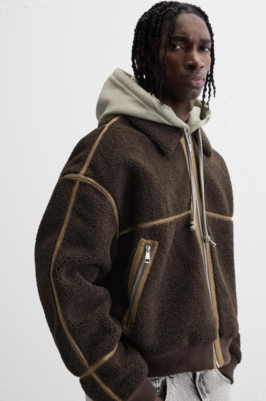 Zara Contrast Faux Shearling Jacket brown