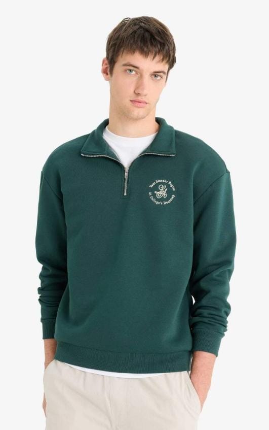 Boxy fit stand collar slogan patterned sweatshirt Defacto