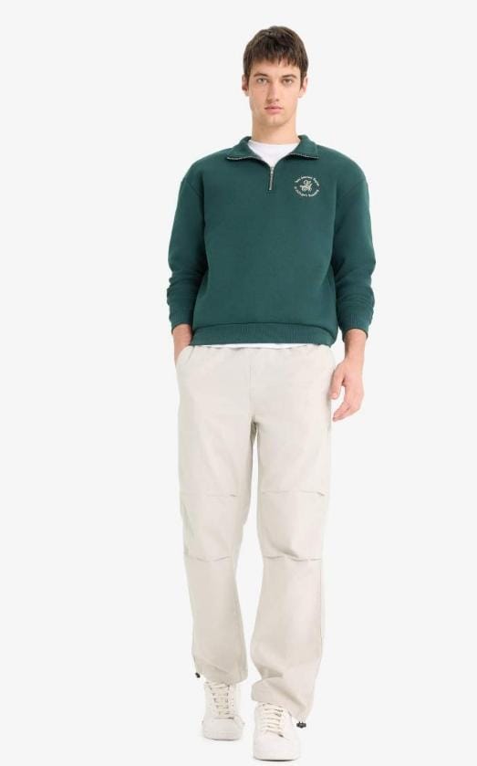 Boxy fit stand collar slogan patterned sweatshirt Defacto