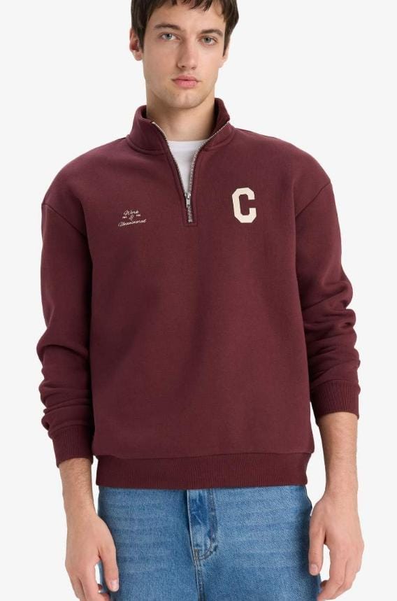 DeFacto Boxy Fit Printed Thick Fabric Sweatshirt in dark bordeaux