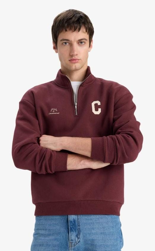 DeFacto Boxy Fit Printed Thick Fabric Sweatshirt in dark bordeaux