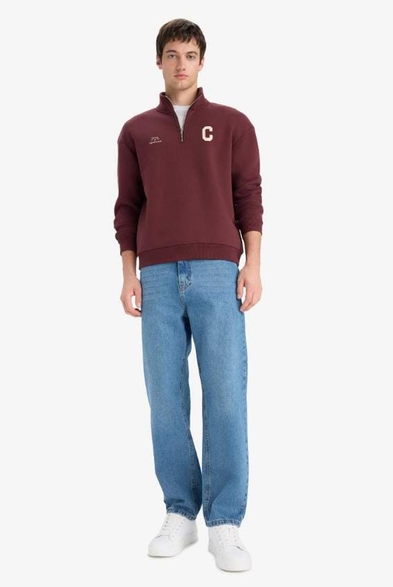 DeFacto Boxy Fit Printed Thick Fabric Sweatshirt in dark bordeaux