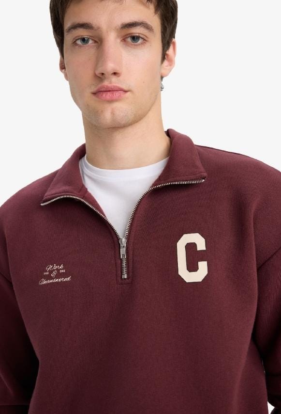 DeFacto Boxy Fit Printed Thick Fabric Sweatshirt in dark bordeaux