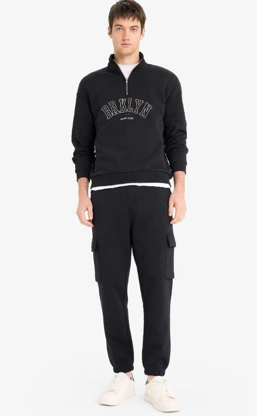 "BRKLYN COLLEG LENIE" Boxy Fit Printed High Neck Zippered Sweatshirt Black