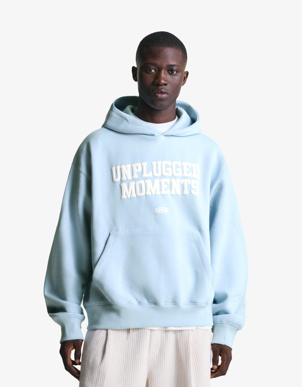 light blue "UNPLUGGED MOMENTS" hoodie in Bershka