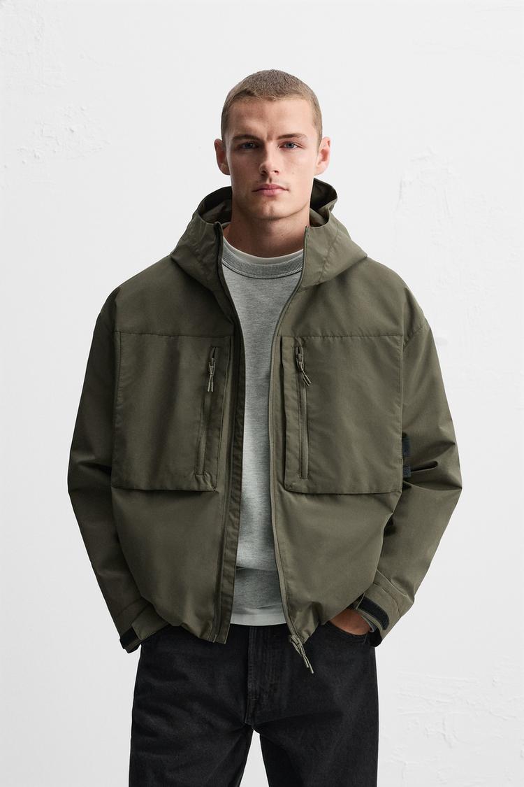 ZARA WATER-REPELLENT HOODED JACKET OLIVE GREEN