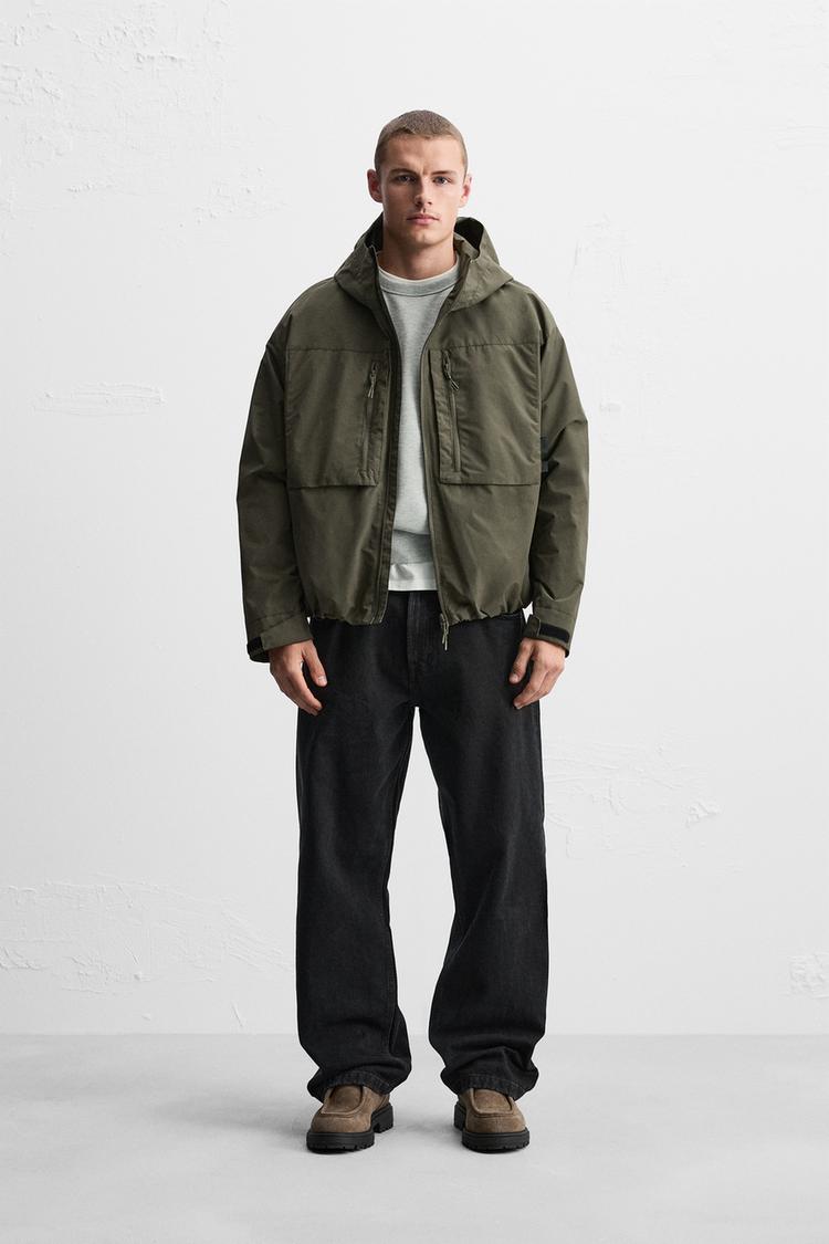 ZARA WATER-REPELLENT HOODED JACKET OLIVE GREEN