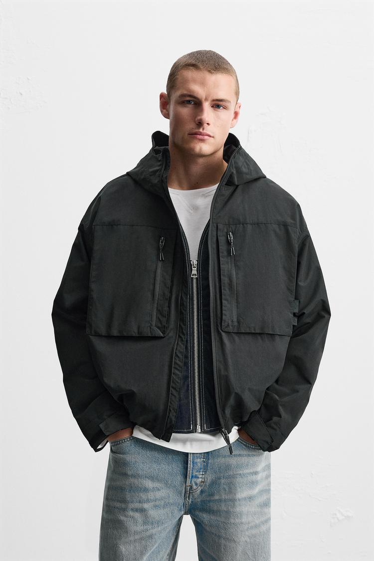ZARA WATER-REPELLENT HOODED JACKET BLACK