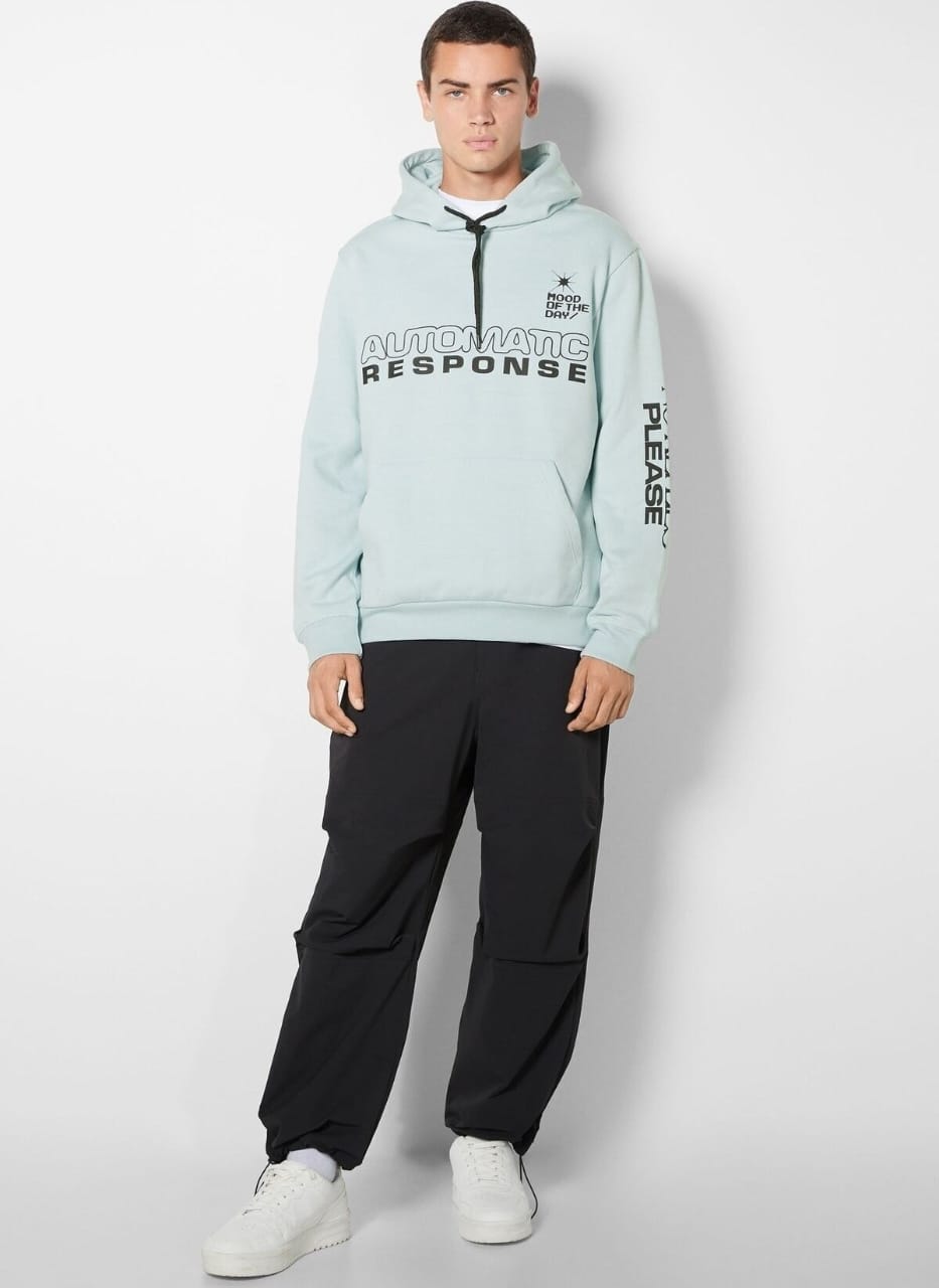 Light Blue Bershka Printed Hoodie